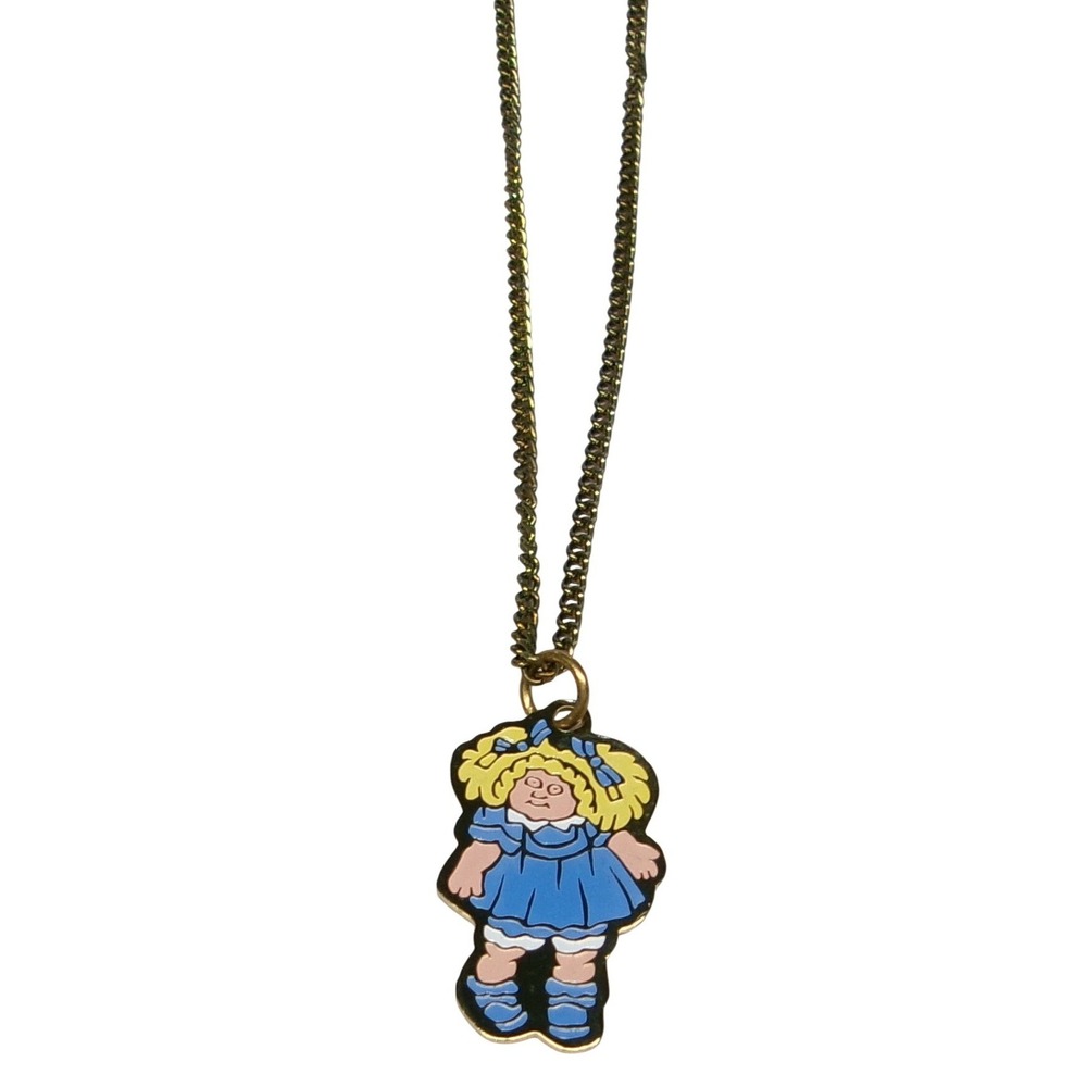 Vintage Cabbage Patch Kids Enamel Pendant Necklace Blue Dress Blonde Doll 80s